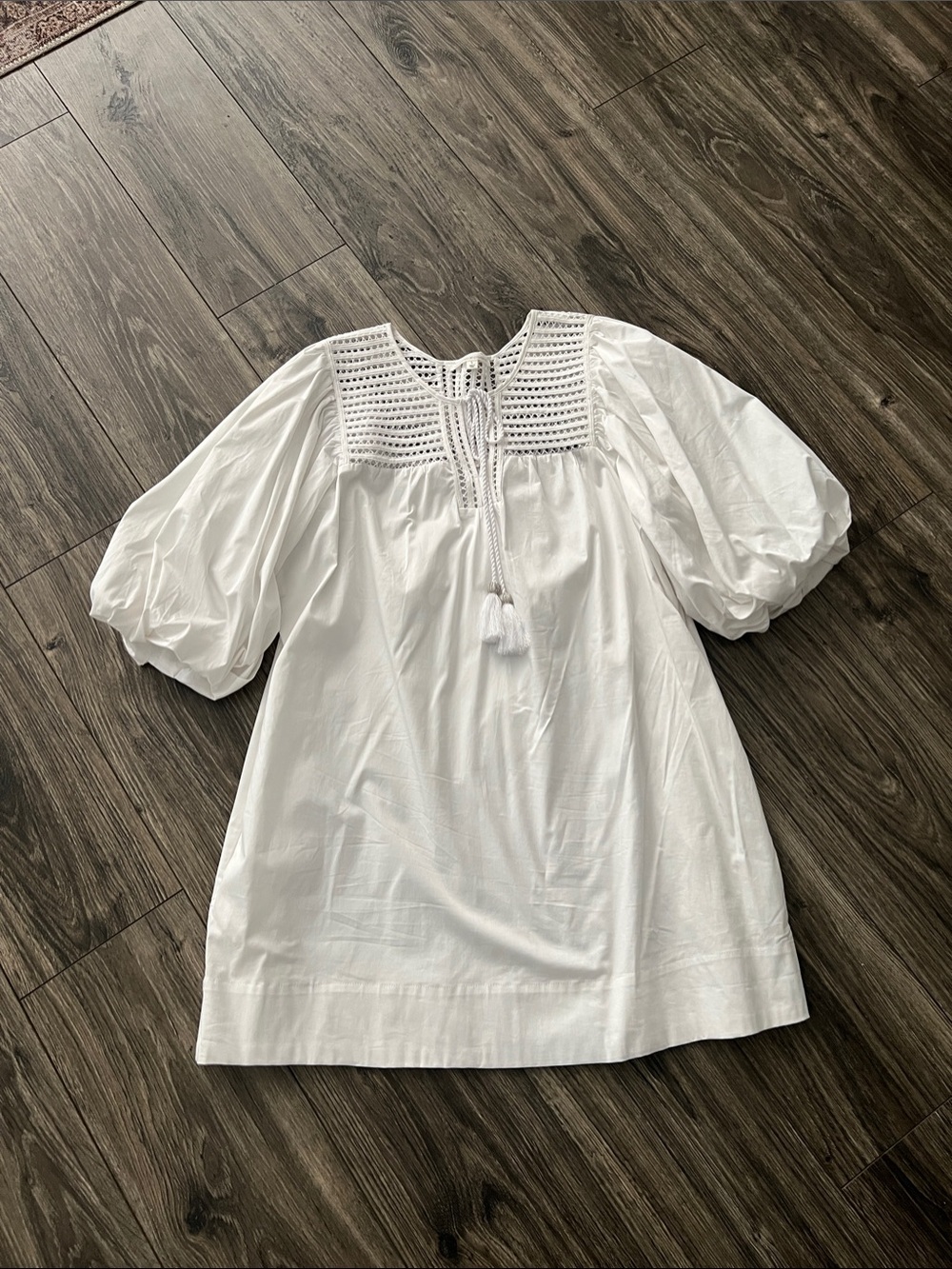 White Crochet Yoke Puff-Sleeve Women’s Mini Dress